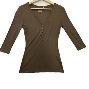 Guess Ribbed Henley Top Womens S Brown Metallic Shimmer V Neck Y2K Mean Girls